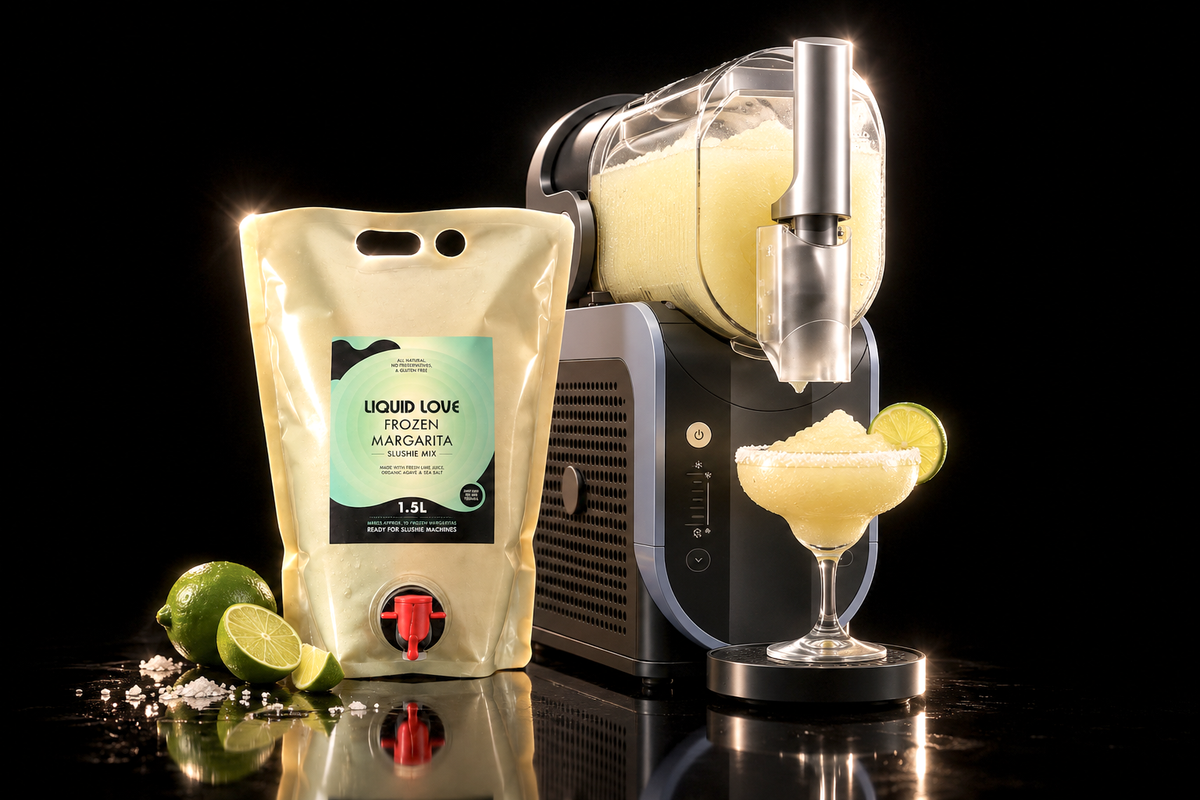 Liquid Love frozen margarita slushie mix pouch beside a slushie machine, with a frozen margarita in a coupe glass, limes and sea salt